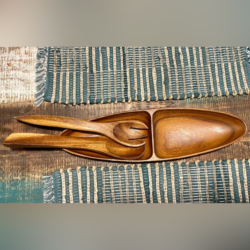 Mid Century Modern Hand Crafted Monkey Pod Wood Two Compartment Bowl & Utensils